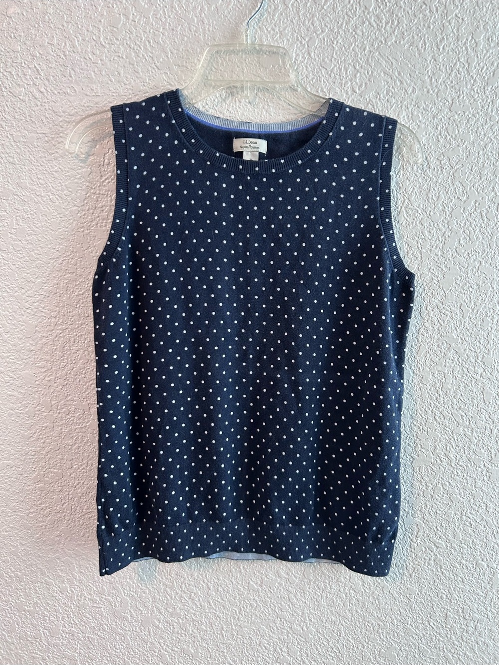 L.L.Bean 100% Supima Cotton Navy Polka Dot Sleeveless Sweater Medium